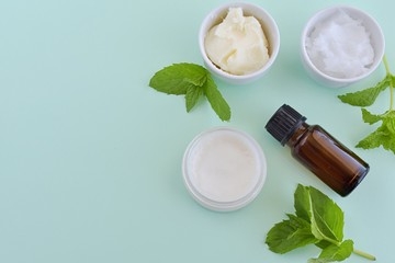 Natural homemade lip balm with shea butter, coconut oil and peppermint essential oil, top view on...