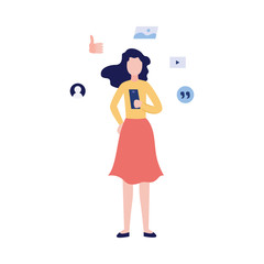 Woman giving customers feedback and social network icons flat vector illustration.