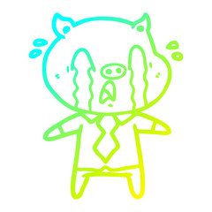 cold gradient line drawing crying pig cartoon wearing human clothes