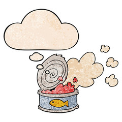 cartoon smelly can of fish and thought bubble in grunge texture pattern style