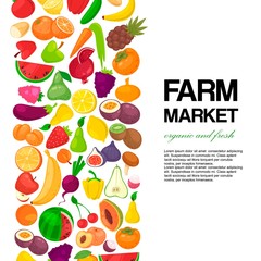 Farm market with fruit and vegetables banner vector illustration. Organic, fresh and natural food products. Banana, watermelon, plum, pineapple and lemon. Healthy eating.