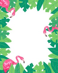 Fototapeta na wymiar Flamingo vertical banner. Beach design, jungle summer poster vector illustration. Pink flamingo and tropical palm tree leaves. Exotic Hawaii with tropical birds. Place for text