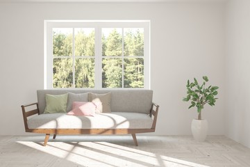 Stylish room in white color with sofa and summer landscape in window. Scandinavian interior design. 3D illustration