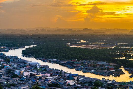 Landscape sunset at Mutsea Mountain View Point Chumphon, Thailand. Located above the Chumphon river mouth and cover the sea