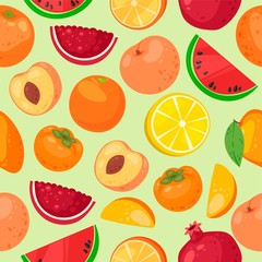 Fruit seamless pattern vector illustration. Organic and natural food products. Citrus such as orange and lemon, watermelon, peach, pomegranate. Healthy eating. Natural vitamins.