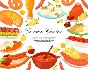 German cuisine background banner vector illustration. Traditional food in Germany. Cooked meat meal sausages for dinner or lunch, bavarian snack and beer, baked ham hock.