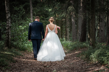 Bride and groom, rear view