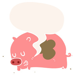 cute cartoon pig and speech bubble in retro style