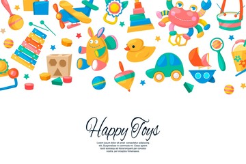 Toy set for babies banner, card vector illustration. Cute objects for small children to play with, wooden and plastic toys, stuffed animals such as duck, rabbit, fun and activity.