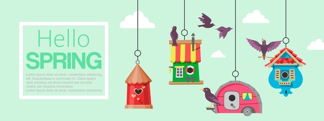 Birdhouses with flying birds banner vector illustration. Hello spring. Nesting boxes to hang on tree. Wooden colorful construction to feed birds, small buildings of planks with hole. © partyvector