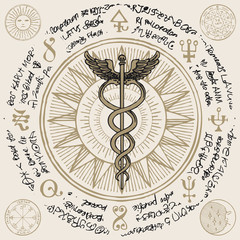 Vector banner with hand-drawn staff of Hermes. Caduceus with two snakes and wings on the background of an old illegible manuscript written in a circle. Medical symbol