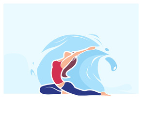 Cartoon Woman in Asana Position. Yoga Exercise Practice Outdoors Vector Illustration. Summer Nature Water Harmony. Body Care Balance. Healthy Lifestyle. Relaxation Stretch Recharge Energy - Vector