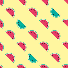 Watermelon cartoon seamless pattern. Baby and kids style abstract geometric background. Colorful vector illustration.  Funny watermelons. Cute kawaii smiling watermelons