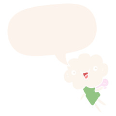 cartoon cloud head creature and speech bubble in retro style