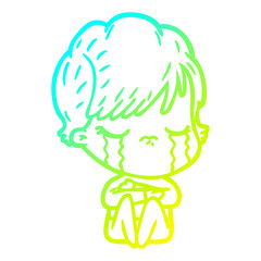 cold gradient line drawing cartoon woman crying