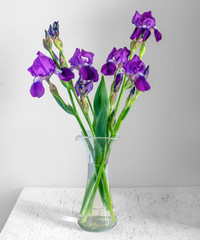 Still life with a bouquet of irises. Vintage.