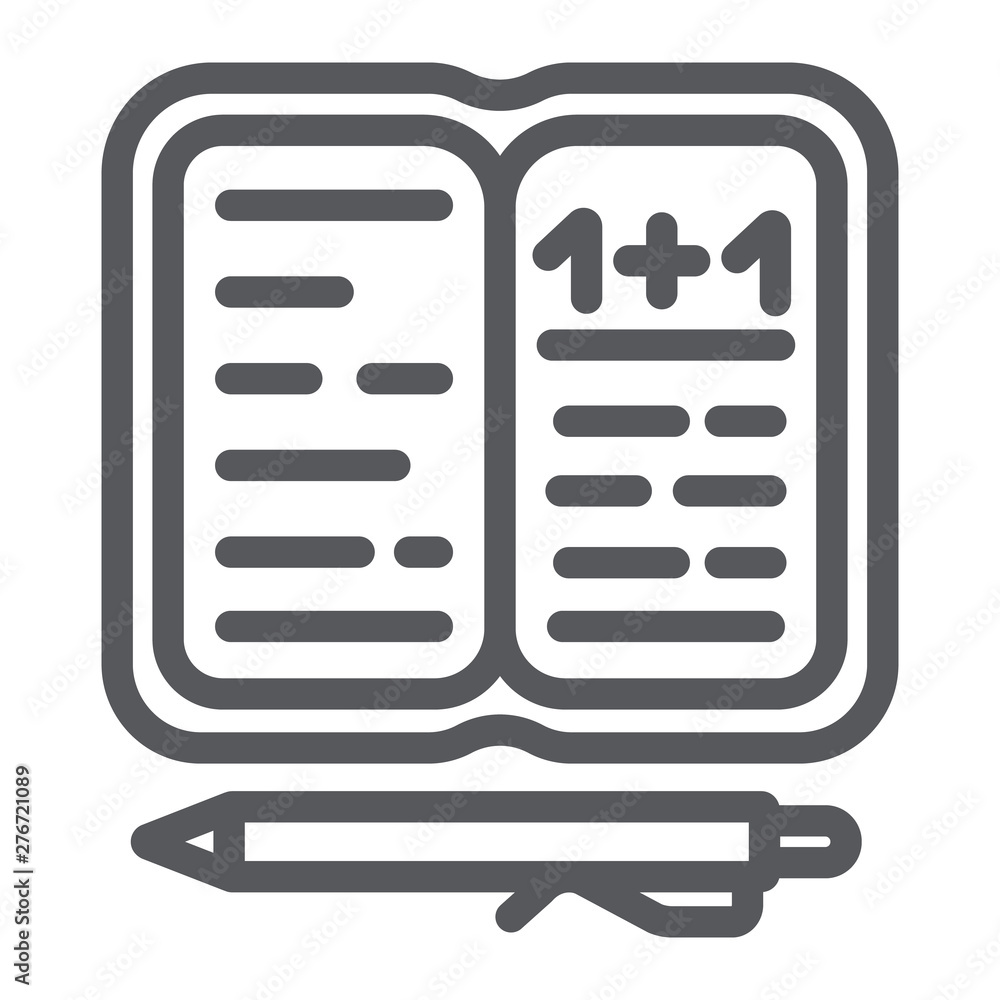 Poster homework line icon, paper and school, notebook with pen sign, vector graphics, a linear pattern on a