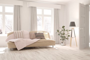 Stylish room in white color with sofa. Scandinavian interior design. 3D illustration
