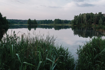 River bank. Fog against the backdrop of lake. background Misty morning. wild nature. The concept of a rural getaway. Article about fishing day. Fishing for pike, perch, carp.