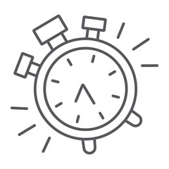 Alarm clock thin line icon, time and clock, watch sign, vector graphics, a linear pattern on a white background.