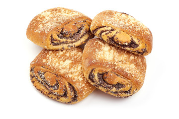 Sweet buns with poppy seeds, close-up, isolated on white background