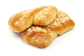 Fresh homemade buns with cottage cheese, close-up, isolated on white background