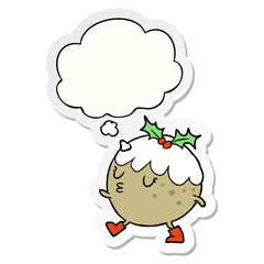 cartoon chrstmas pudding walking and thought bubble as a printed sticker