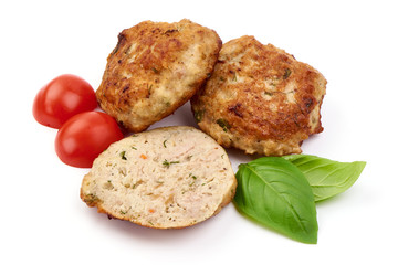 Grilled cutlets, fried meat balls, close-up, isolated on white background
