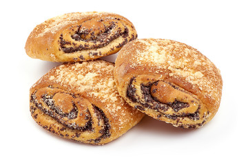 Sweet buns with poppy seeds. Homemade rolls, close-up, isolated on white background