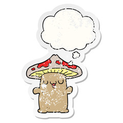 cartoon mushroom creature and thought bubble as a distressed worn sticker