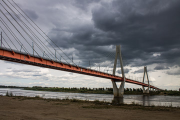 A large cable-stayed bridge over the Oka river in Murom, Russia