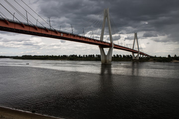 A large cable-stayed bridge over the Oka river in Murom, Russia