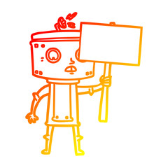 warm gradient line drawing cartoon robot with blank sign