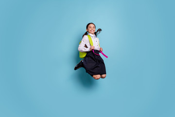 Full body size photo of crazy school lady jump high classroom see friends glad wear white shirt...