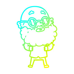 cold gradient line drawing cartoon curious man with beard and glasses