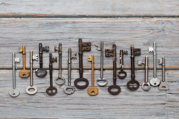 Vintage old fashioned keys on a rustic wooden background. Security concept