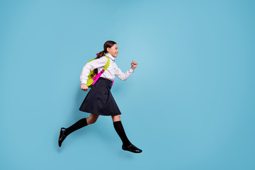 Full length photo of crazy school lady rushing classroom see friends 1 september autumn wear white...