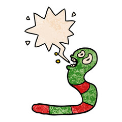 cartoon frightened worm and speech bubble in retro texture style