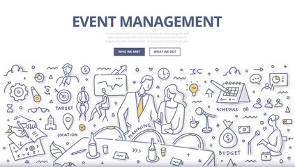 Event management & marketing concept. Man & woman discussing a plan of business conference or event