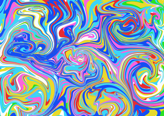 Abstract multicolor digital background. Marble effect painting. Mixed blue, green, red, purple and yellow paints