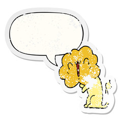 cute cartoon lion and speech bubble distressed sticker