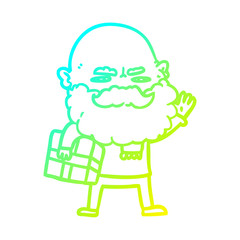 cold gradient line drawing cartoon man with beard frowning with xmas gift