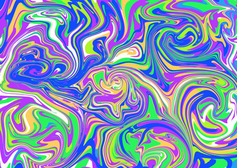 Marble effect painting. Wave background. Mixed blue, purple, green and yellow paints. 