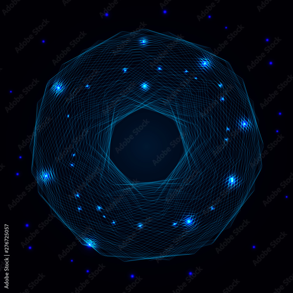 Poster abstract futuristic design. sparkling dots with linear and circular pattern shapes on dark blue back