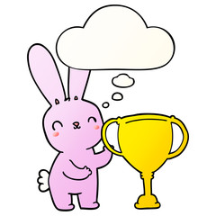 cute cartoon rabbit with sports trophy cup and thought bubble in smooth gradient style