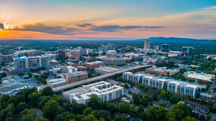 Greenville South Carolina SC Skyline Drone Aerial at Sunset