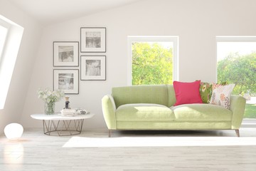 Stylish room in white color with sofa and summer landscape in window. Scandinavian interior design. 3D illustration