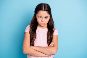 Portrait of disappointed irritated girl have offense dislike disagree no communication frustrated frown t-shirt dressed modern pastel-colored summer clothing isolated on blue background