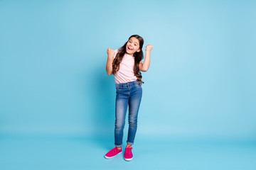 Full length body size view photo content cute kid lucky scream yeah goals fan free time weekend...