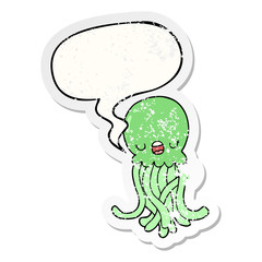 cartoon jellyfish and speech bubble distressed sticker